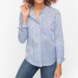 Talbots Plus Ruffle Collar Cotton Poplin Button Down Shirt Gold Heart Stripe 0X